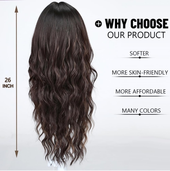 Long Curly Brown with Blonde Highlight Wigs with Bangs 26 in - Picture 4 of 6